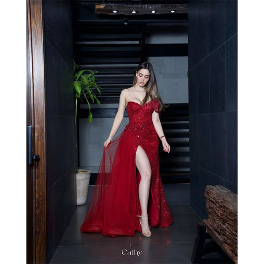Cathy Burgundy One-Shoulder Beaded Leaf Prom Dress Side High Split Mermaid vestidos de noiva Customized Floor-length Graduation