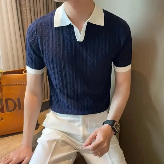 Men's Knit Short Sleeve Polo Shirt Casual Soft Supple High-end Feel Round Neck Loose-fit Top Japanese Style Solid Color