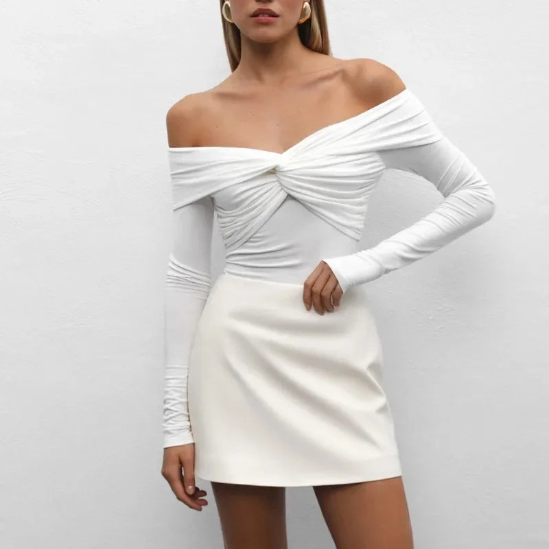 Sexy T-shirt Top Women's Pleated Long Sleeve Inner V-Neck White Slim Twist Cropped Pullover Female Tee