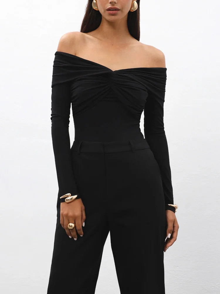Sexy T-shirt Top Women's Pleated Long Sleeve Inner V-Neck White Slim Twist Cropped Pullover Female Tee