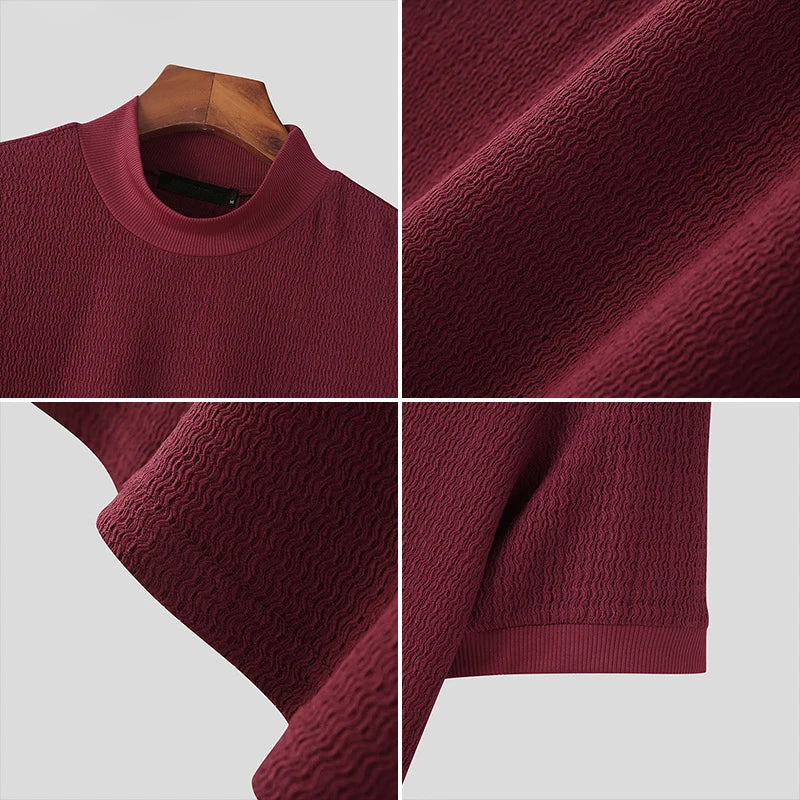 New Fashion Tight T-shirt Casual Streetwear Textured High-neck Solid Color Short-sleeved Bottoming Tees Korean Style Tops